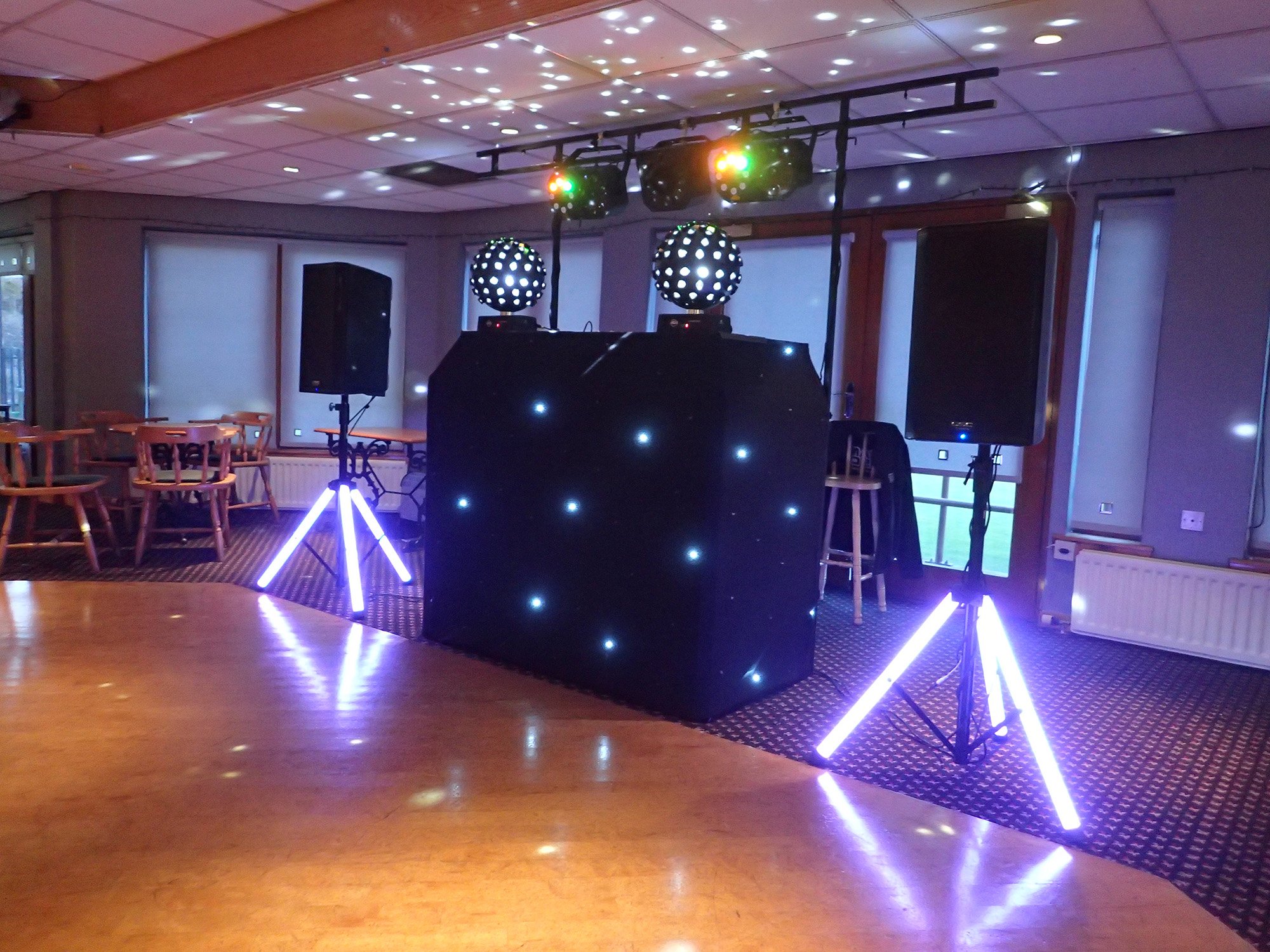 Beano Disco set up with light up speaker stands and disco balls